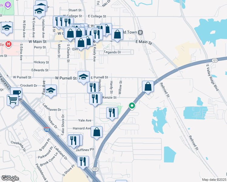 map of restaurants, bars, coffee shops, grocery stores, and more near 660 Hardy Street in Lewisville