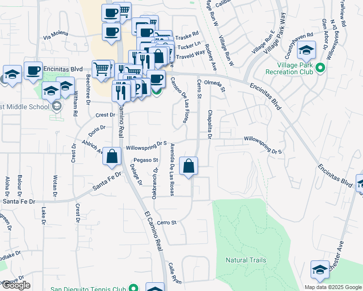map of restaurants, bars, coffee shops, grocery stores, and more near 519 Willowspring Drive South in Encinitas