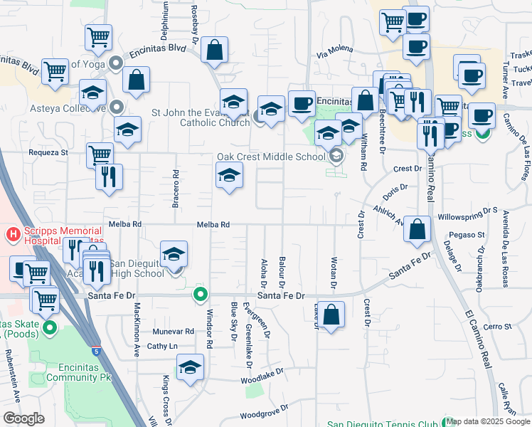 map of restaurants, bars, coffee shops, grocery stores, and more near 1029 Guadalajara Drive in Encinitas