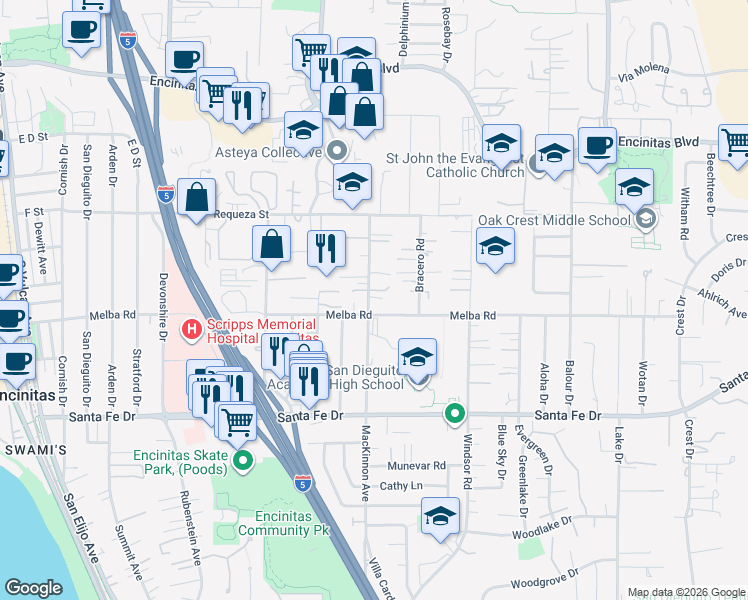 map of restaurants, bars, coffee shops, grocery stores, and more near 690 Corona Way in Encinitas
