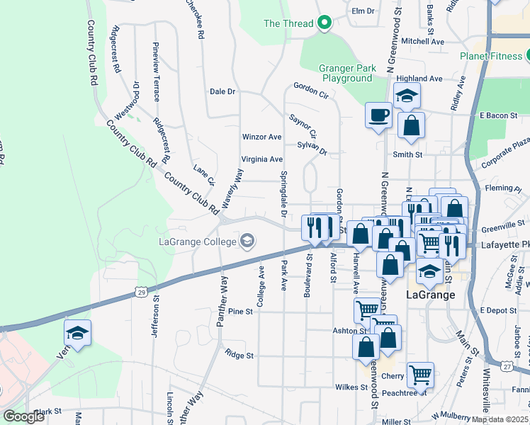 map of restaurants, bars, coffee shops, grocery stores, and more near 608 Broad Street in LaGrange