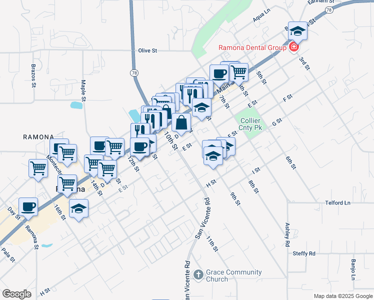 map of restaurants, bars, coffee shops, grocery stores, and more near 932 E Street in Ramona