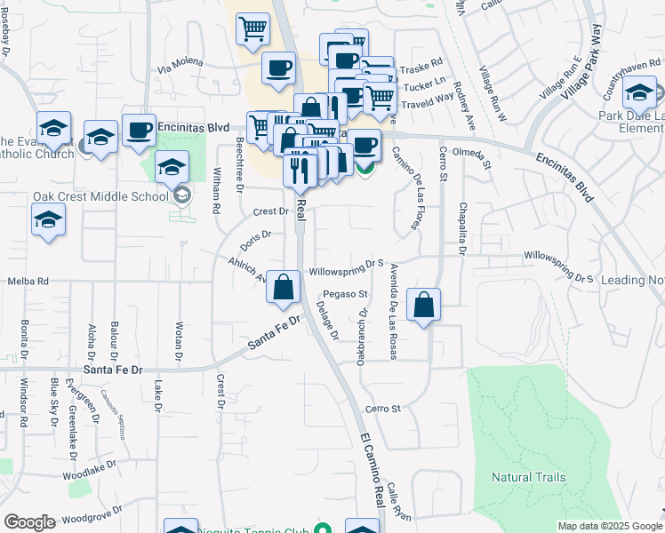 map of restaurants, bars, coffee shops, grocery stores, and more near 616 Willowspring Drive South in Encinitas