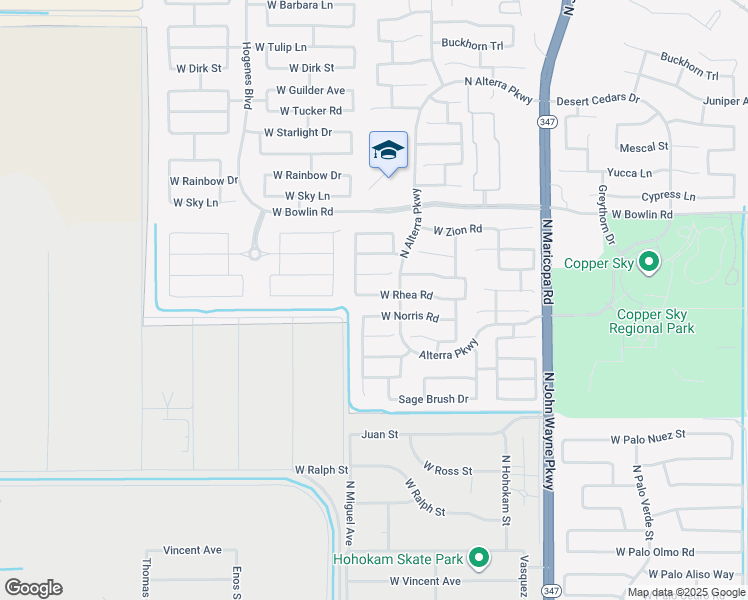 map of restaurants, bars, coffee shops, grocery stores, and more near 45383 West Rhea Road in Maricopa