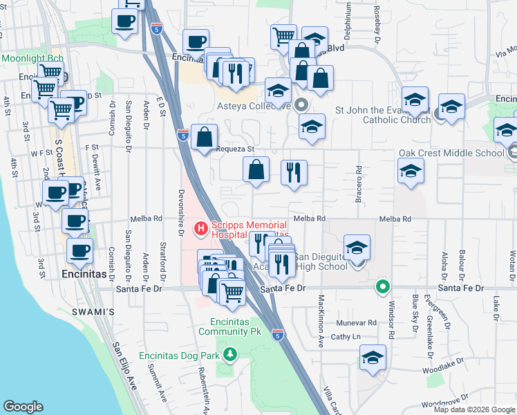 map of restaurants, bars, coffee shops, grocery stores, and more near 540 Gardena Court in Encinitas