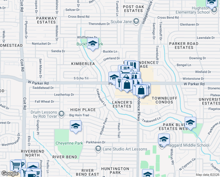 map of restaurants, bars, coffee shops, grocery stores, and more near 3216 Bandolino Lane in Plano