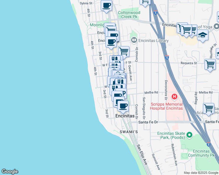 map of restaurants, bars, coffee shops, grocery stores, and more near 901 2nd Street in Encinitas
