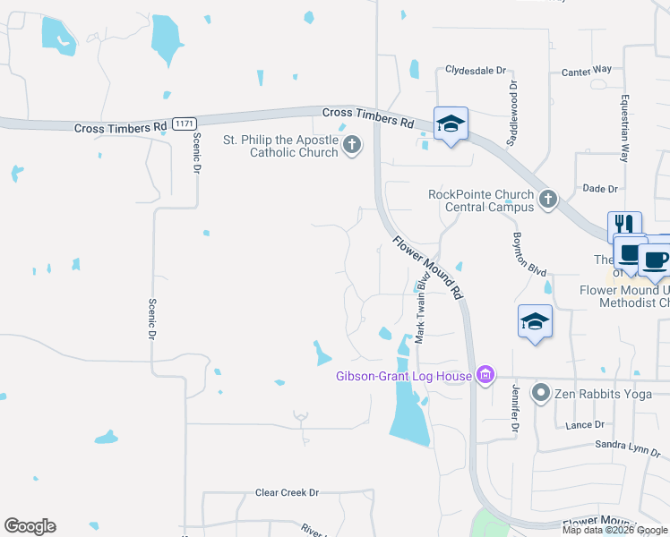 map of restaurants, bars, coffee shops, grocery stores, and more near 4001 Ludlum Court in Flower Mound