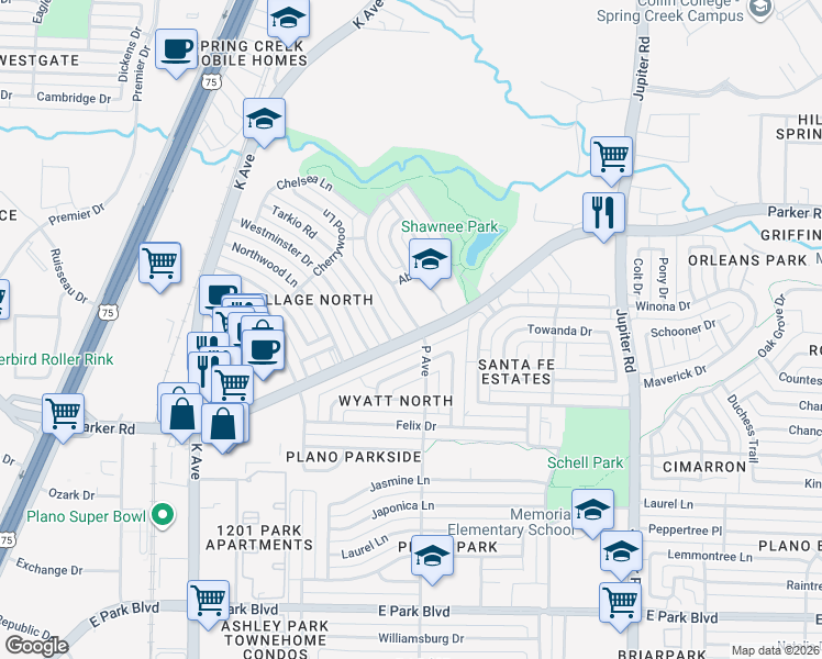 map of restaurants, bars, coffee shops, grocery stores, and more near in Plano