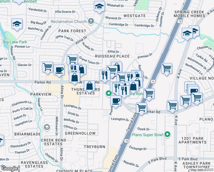 map of restaurants, bars, coffee shops, grocery stores, and more near 700 West Parker Road in Plano
