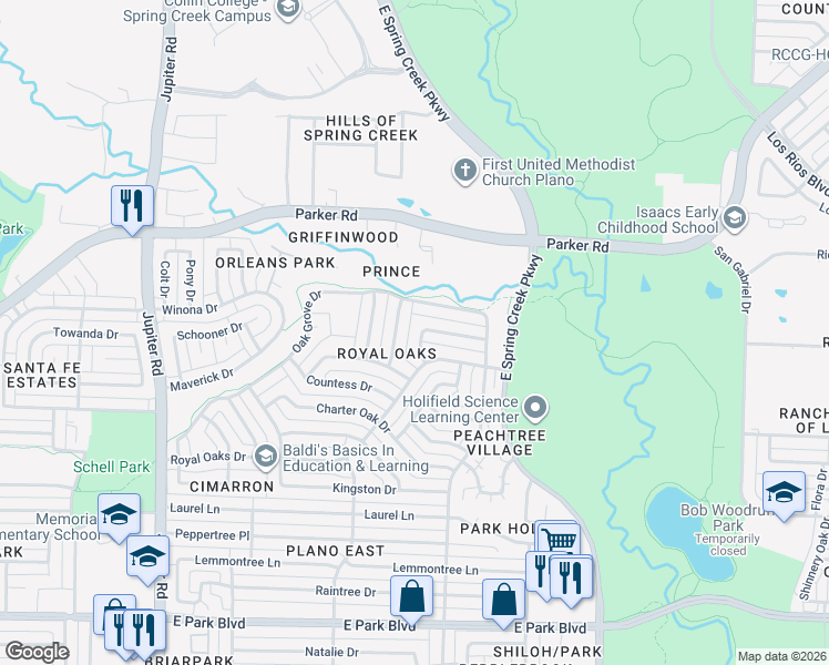 map of restaurants, bars, coffee shops, grocery stores, and more near 3021 Princess Lane in Plano