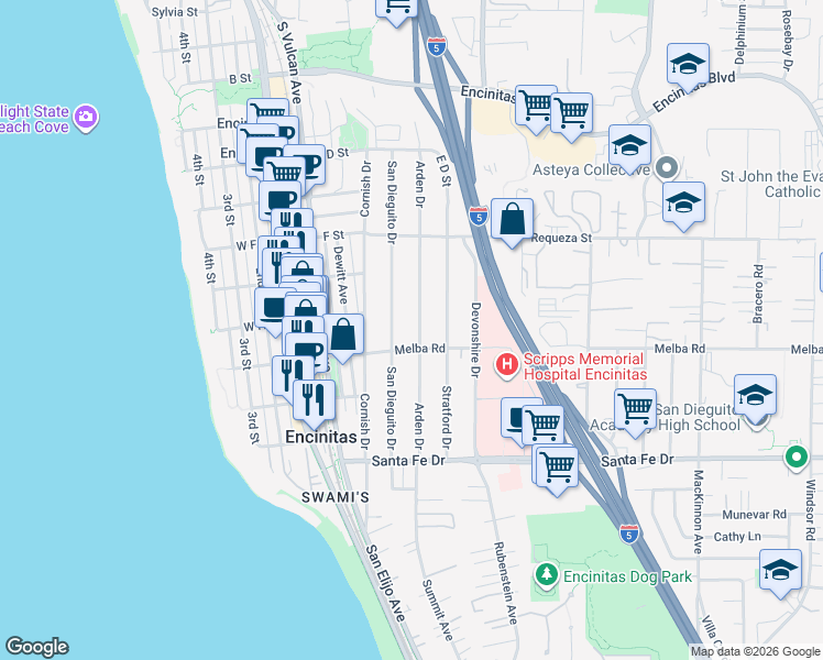 map of restaurants, bars, coffee shops, grocery stores, and more near 934 Arden Drive in Encinitas