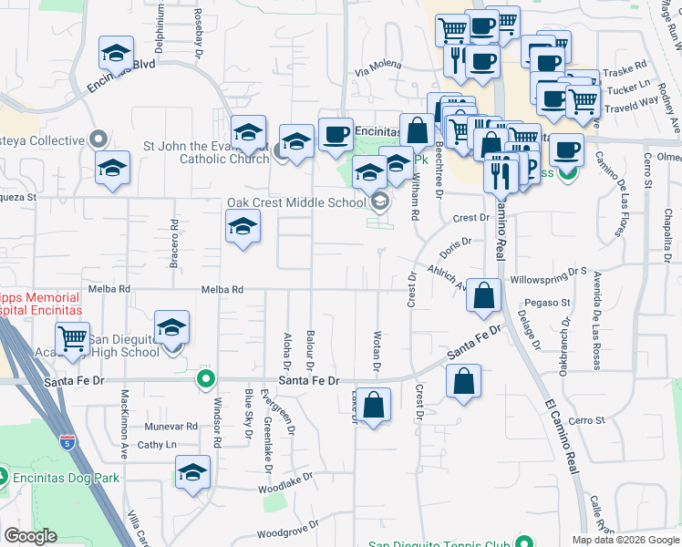 map of restaurants, bars, coffee shops, grocery stores, and more near 936 Bluejack Road in Encinitas