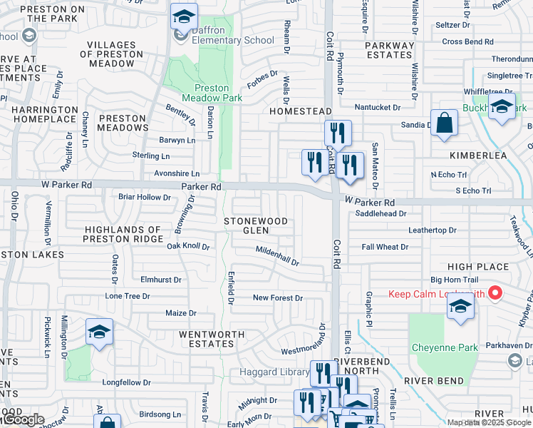 map of restaurants, bars, coffee shops, grocery stores, and more near 3116 Walsingham Drive in Plano