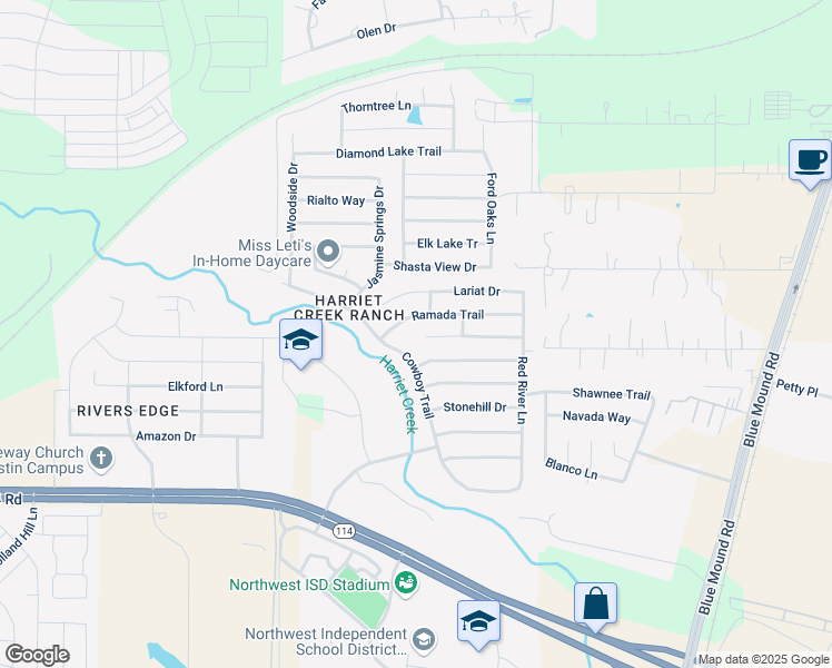 map of restaurants, bars, coffee shops, grocery stores, and more near 1801 Riverchase Lane in Justin