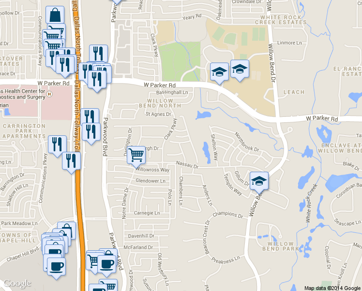 map of restaurants, bars, coffee shops, grocery stores, and more near 2908 Covey Pl in Plano