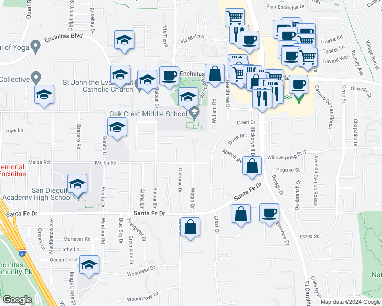 map of restaurants, bars, coffee shops, grocery stores, and more near 1230 Melba Road in Encinitas