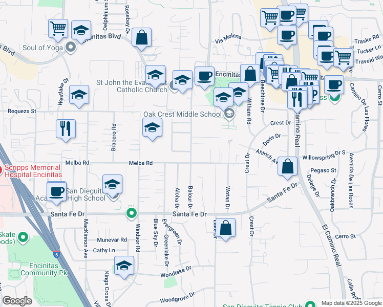map of restaurants, bars, coffee shops, grocery stores, and more near in Encinitas