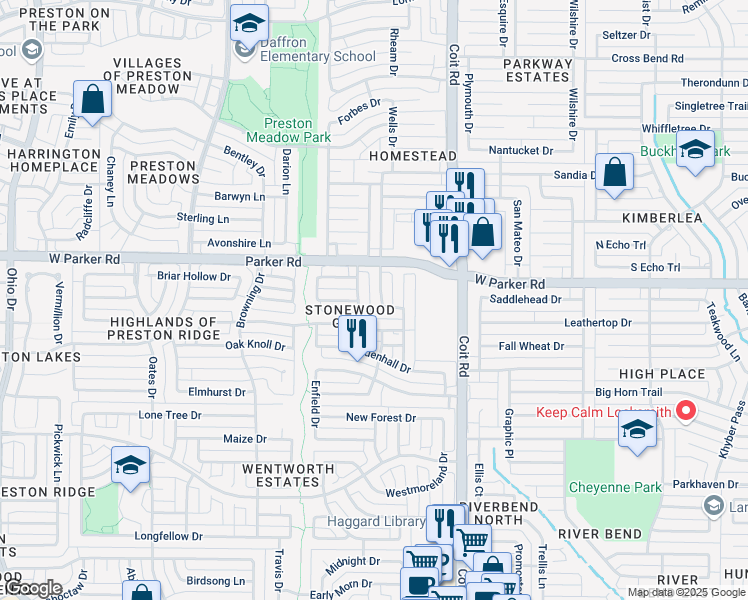 map of restaurants, bars, coffee shops, grocery stores, and more near 3116 Walsingham Drive in Plano