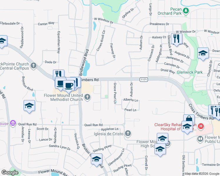 map of restaurants, bars, coffee shops, grocery stores, and more near 4004 Regency Park Court in Flower Mound