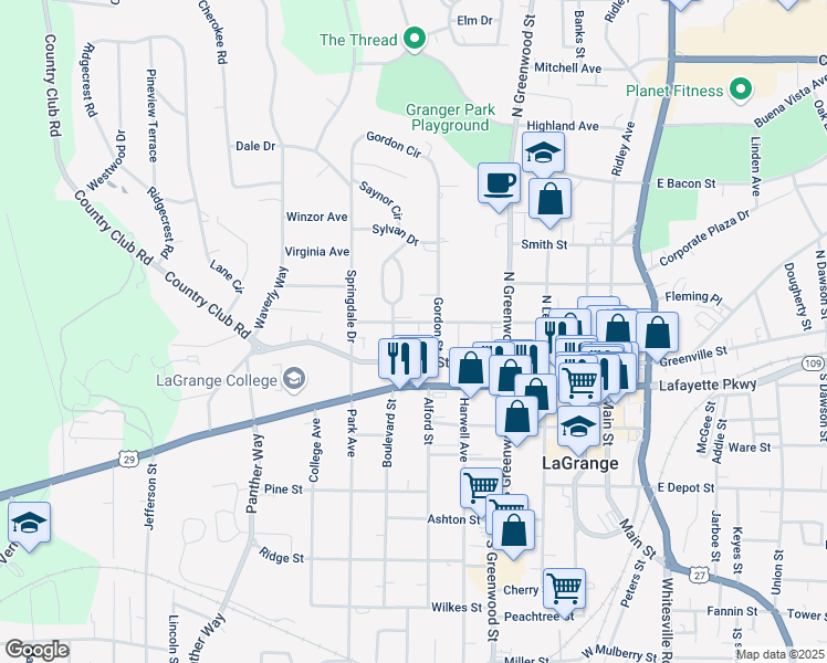 map of restaurants, bars, coffee shops, grocery stores, and more near 501 West Haralson Street in LaGrange