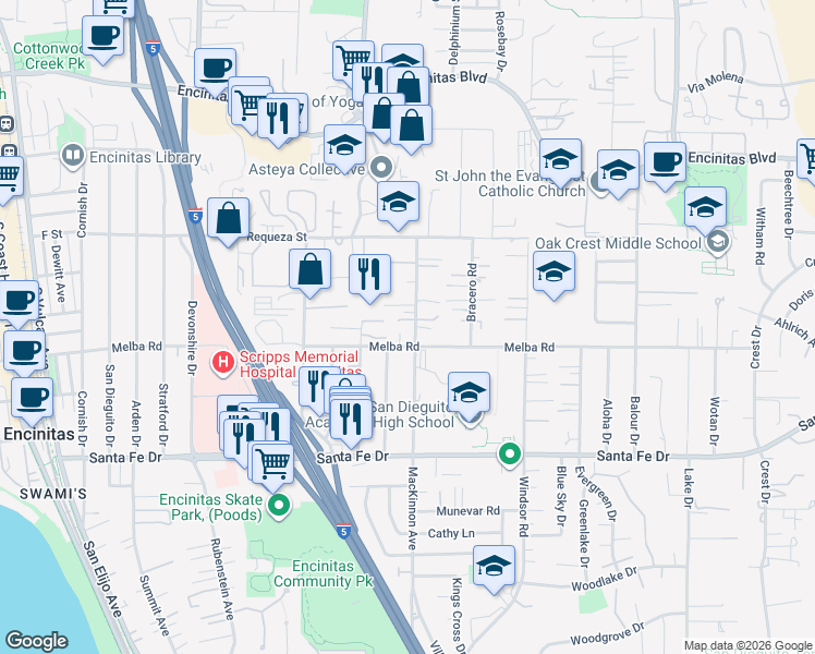 map of restaurants, bars, coffee shops, grocery stores, and more near 690 Corona Way in Encinitas