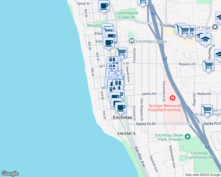 map of restaurants, bars, coffee shops, grocery stores, and more near 901 2nd Street in Encinitas