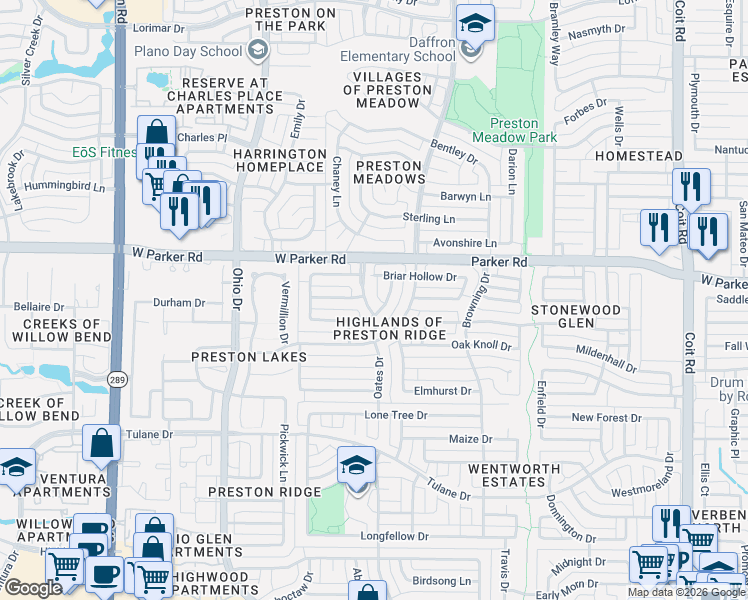 map of restaurants, bars, coffee shops, grocery stores, and more near 3201 Sowell Drive in Plano
