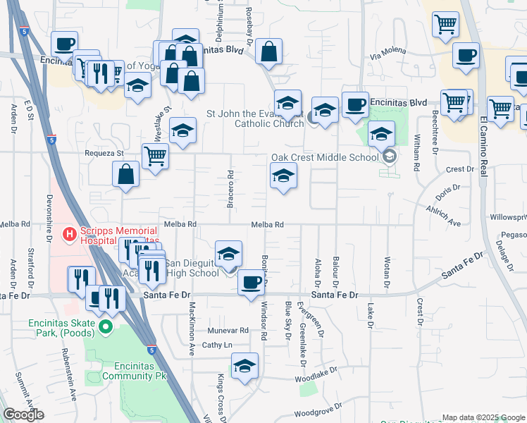 map of restaurants, bars, coffee shops, grocery stores, and more near 932 Bonita Drive in Encinitas