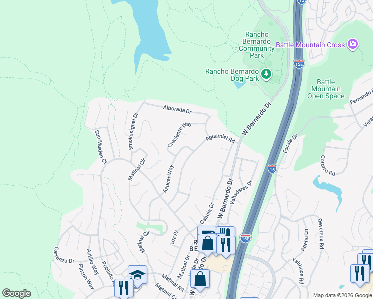 map of restaurants, bars, coffee shops, grocery stores, and more near 17885 Azucar Way in San Diego