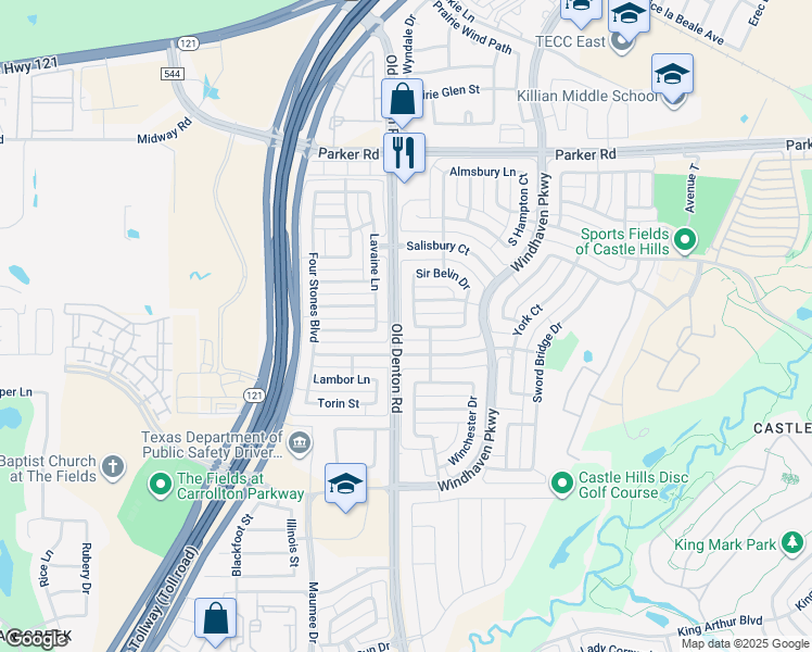 map of restaurants, bars, coffee shops, grocery stores, and more near 636 King Lionel Ln in Lewisville