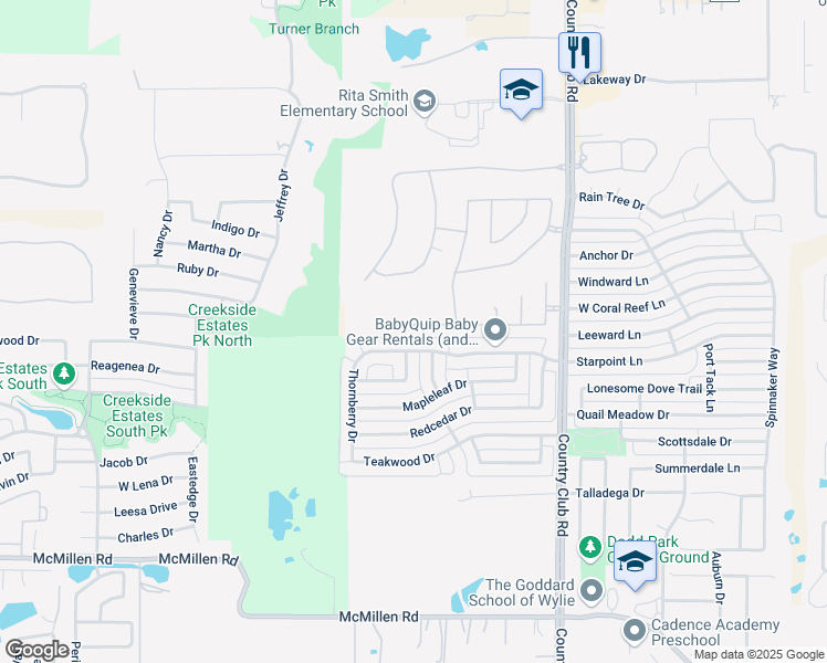 map of restaurants, bars, coffee shops, grocery stores, and more near 1714 Rushing Way in Wylie