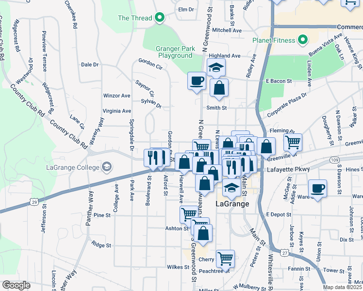 map of restaurants, bars, coffee shops, grocery stores, and more near 417 West Haralson Street in LaGrange