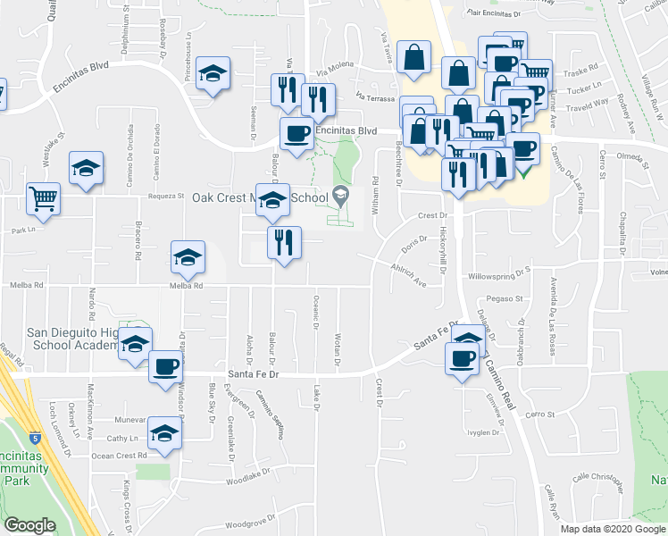 map of restaurants, bars, coffee shops, grocery stores, and more near 1230 Melba Road in Encinitas