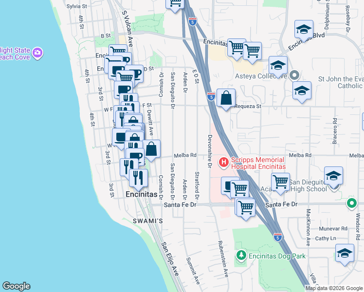 map of restaurants, bars, coffee shops, grocery stores, and more near 934 Arden Drive in Encinitas