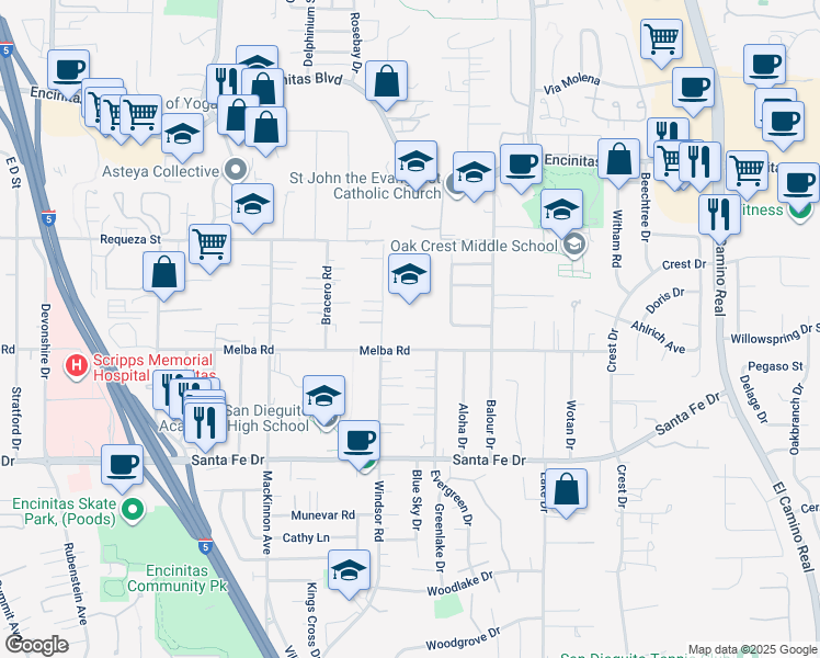 map of restaurants, bars, coffee shops, grocery stores, and more near 910 Melba Road in Encinitas