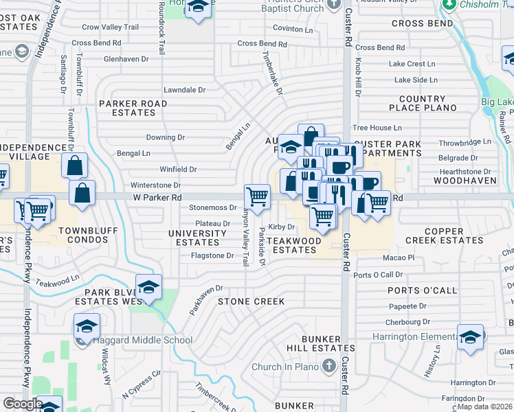 map of restaurants, bars, coffee shops, grocery stores, and more near 3200 Canyon Valley Trail in Plano