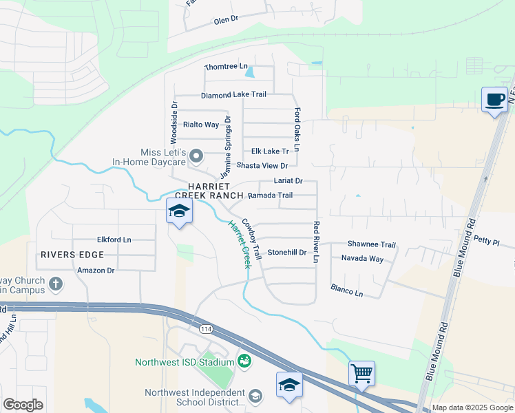 map of restaurants, bars, coffee shops, grocery stores, and more near 1801 Riverchase Lane in Justin