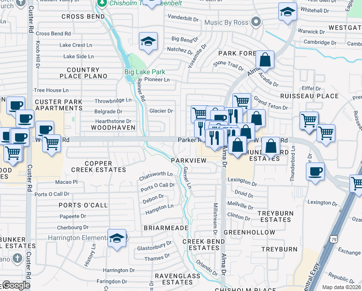 map of restaurants, bars, coffee shops, grocery stores, and more near 1309 Ursula Court in Plano