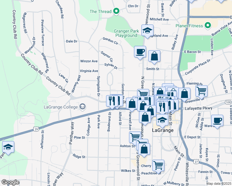map of restaurants, bars, coffee shops, grocery stores, and more near 109 Gordon Street in LaGrange