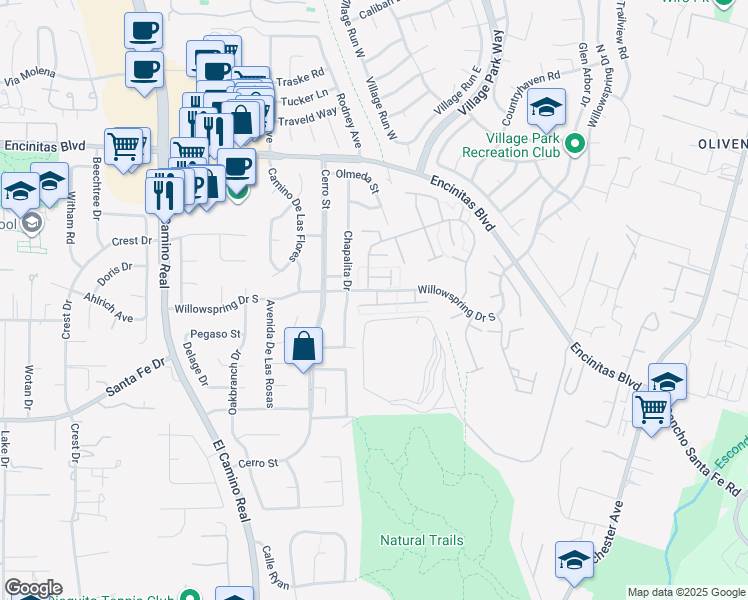 map of restaurants, bars, coffee shops, grocery stores, and more near 356 Orwell Ln in Encinitas