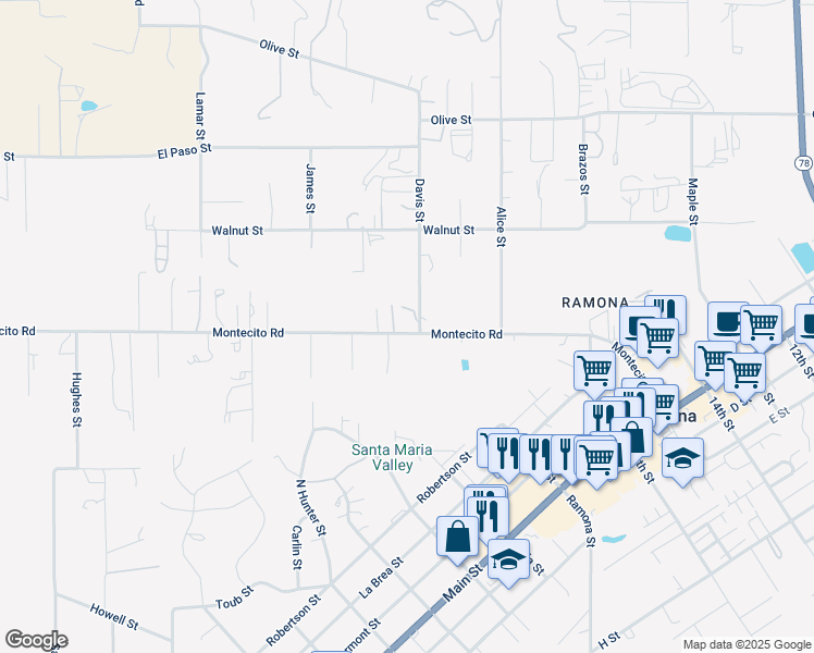 map of restaurants, bars, coffee shops, grocery stores, and more near 1811 Montecito Road in Ramona