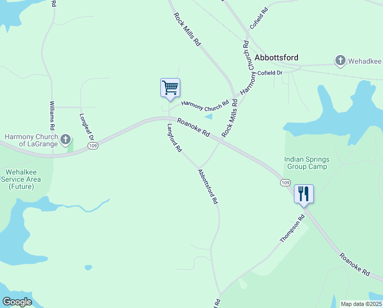 map of restaurants, bars, coffee shops, grocery stores, and more near 99 Langford Road in LaGrange