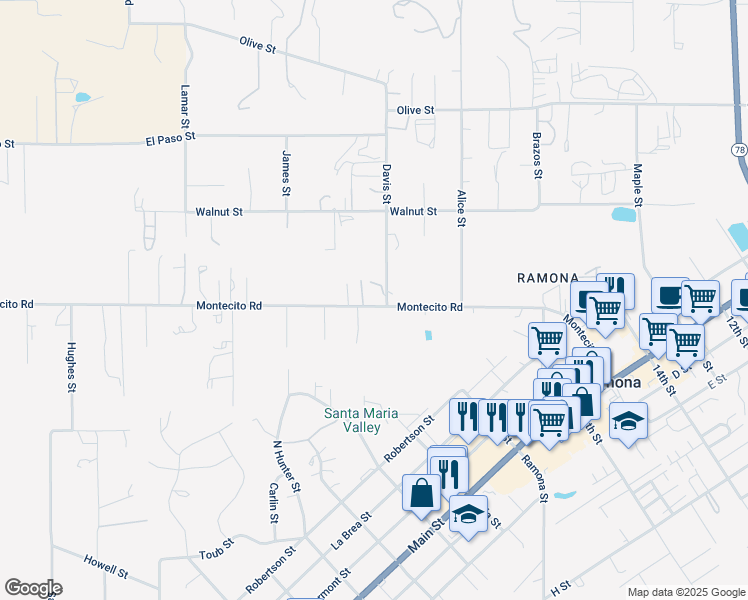 map of restaurants, bars, coffee shops, grocery stores, and more near 1811 Montecito Road in Ramona