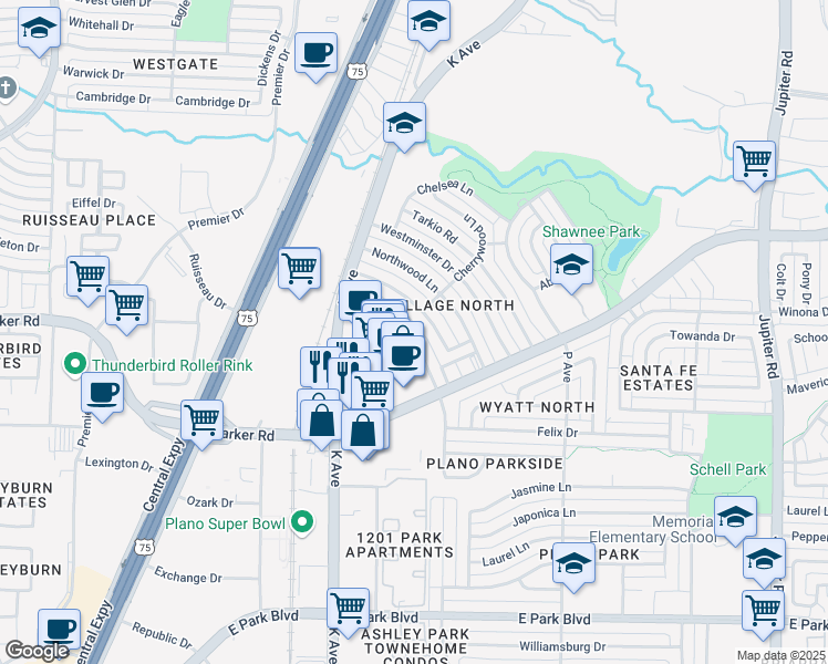 map of restaurants, bars, coffee shops, grocery stores, and more near 3344 N Avenue in Plano