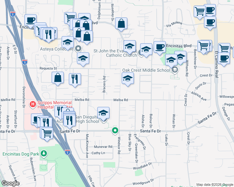 map of restaurants, bars, coffee shops, grocery stores, and more near 932 Bonita Drive in Encinitas
