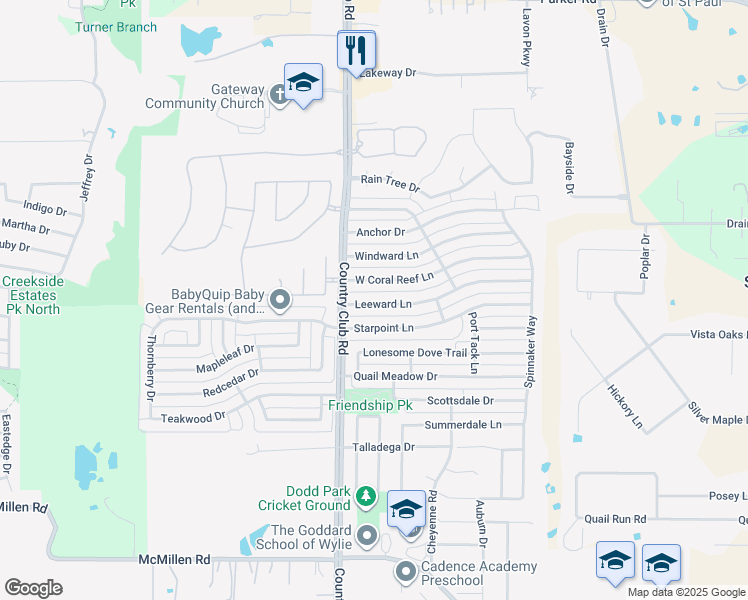 map of restaurants, bars, coffee shops, grocery stores, and more near 1516 Leeward Lane in Wylie