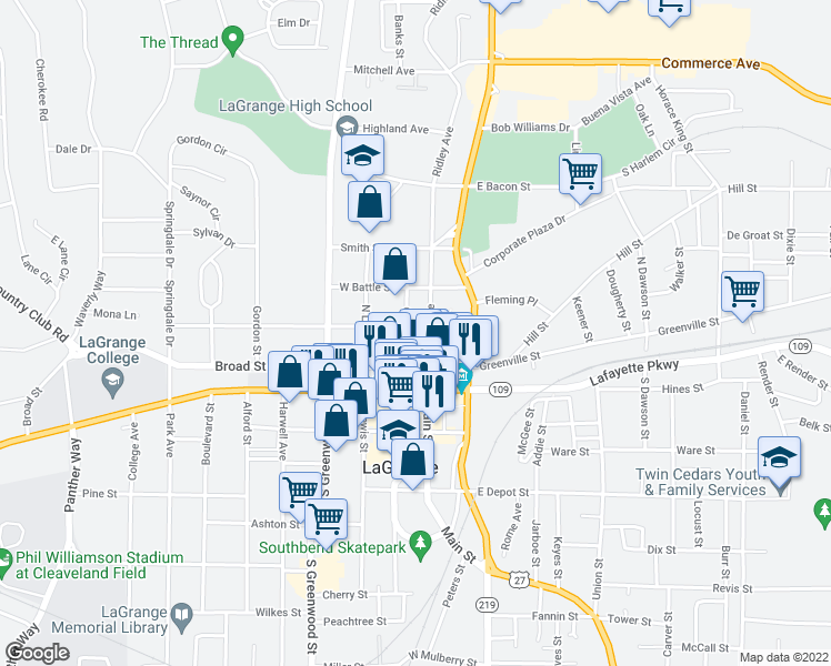 map of restaurants, bars, coffee shops, grocery stores, and more near 118 Church Street in LaGrange