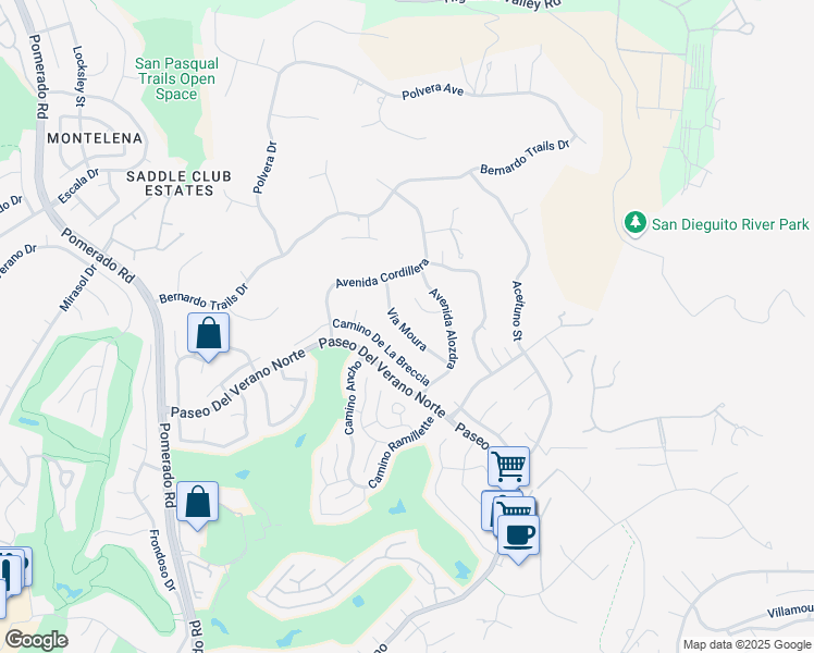 map of restaurants, bars, coffee shops, grocery stores, and more near 12808 Via Moura in San Diego