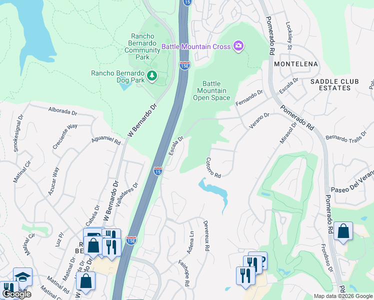 map of restaurants, bars, coffee shops, grocery stores, and more near 18151 Colonnades Place in San Diego